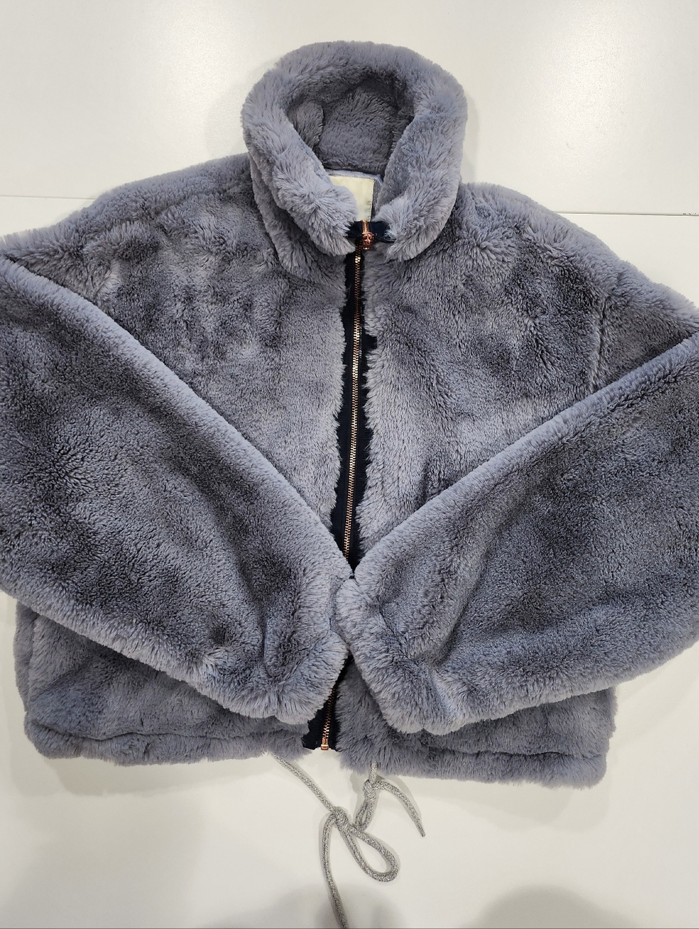 Anthropologie Elevenses Blue Gray Faux Fur Zip Up Teddy Jacket Plush Medium - Picture 4 of 14
